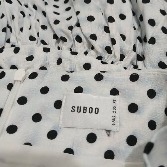 Suboo womens size 2 mini 100% linen polka dot asymmetric peplum skirt 26 waist - Picture 4 of 6